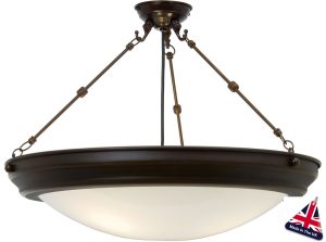 Large Art Deco style 3 light semi flush ceiling light with antique brown metalwork and etched glass dish