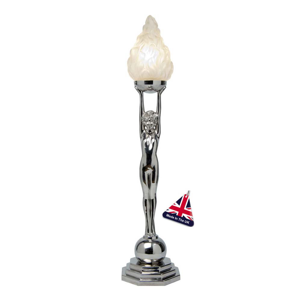Chrome Art Deco Lady With Etched Flambeau Shade UK Made