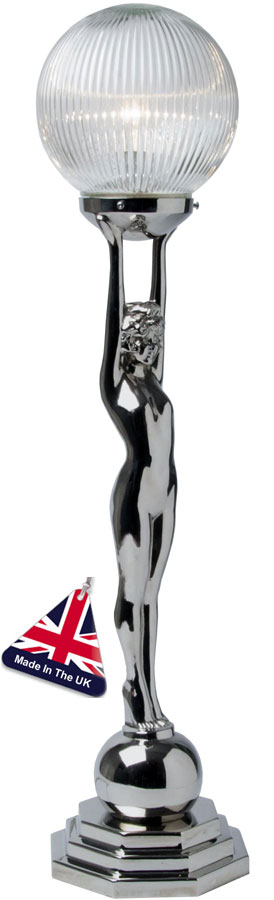Chrome Art Deco Lady With Clear Reeded Globe UK Made