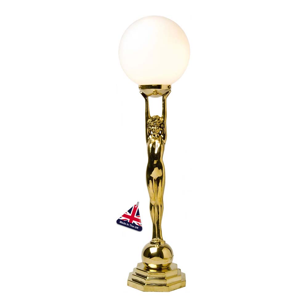 Brass Art Deco Lady Table Lamp With Opal Globe UK Made