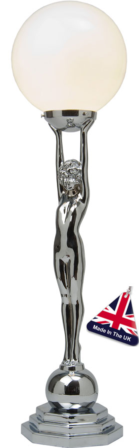 Chrome Art Deco Lady With Opal Globe UK Made