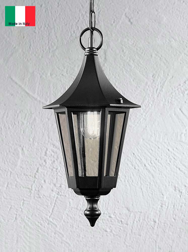 Traditional Small Outdoor Porch Chain Lantern Black Smoked Glass IP43