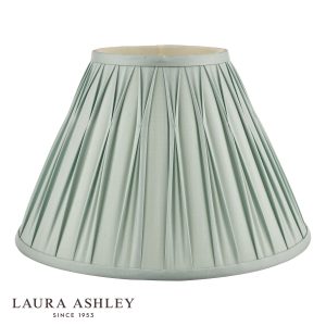 Laura Ashley Fenn 14" silk lamp shade in duck egg blue on white background, unlit.