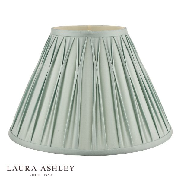 Laura Ashley Fenn 14" silk lamp shade in duck egg blue on white background, unlit.