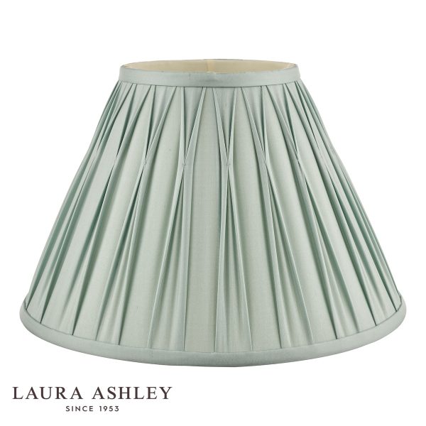 Laura Ashley Fenn 10" silk lamp shade in duck egg blue on white background, unlit.