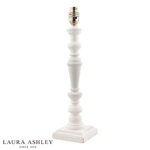 Laura Ashley Tate distressed off-white wood table lamp, without shade on white background.