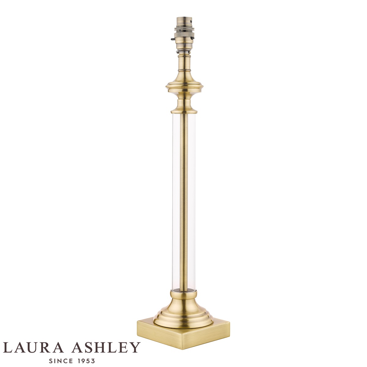 The Laura Ashley Winston candlestick table lamp in antique brass on white background, base only, as supplied, without shade.