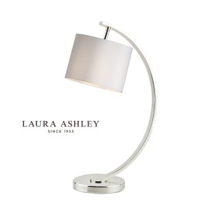Laura Ashley Noah modern small table lamp in brushed chrome on white background, lit.