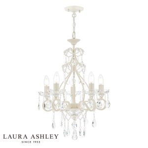 Laura Ashley Shamley 5 light chandelier in painted matt white finish, full height on white background, lit.