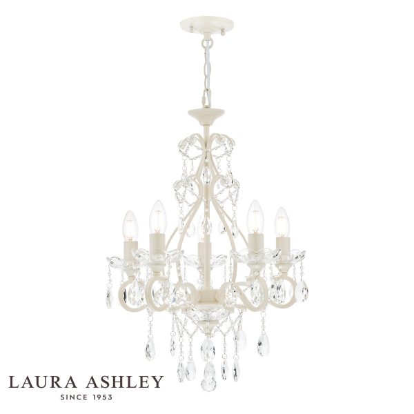 Laura Ashley Shamley 5 light chandelier in painted matt white finish, full height on white background, lit.