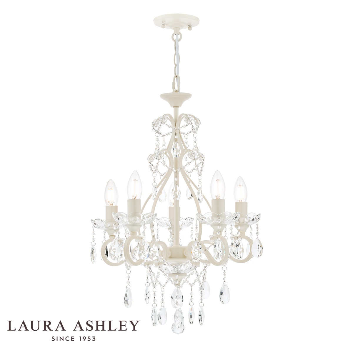 Laura Ashley Shamley 5 light chandelier in painted matt white finish, full height on white background, lit.