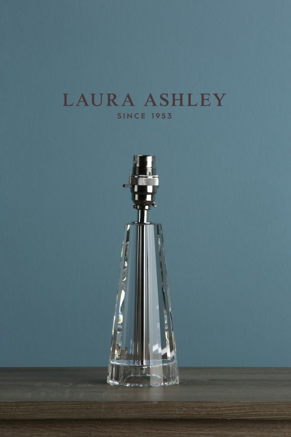 Laura Ashley Blake small crystal table lamp base only in polished chrome, shown on sideboard without shade.