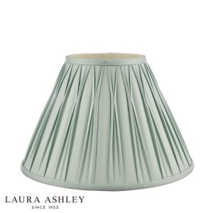 Laura Ashley Fenn 16" silk lamp shade in duck egg blue on white background, unlit.