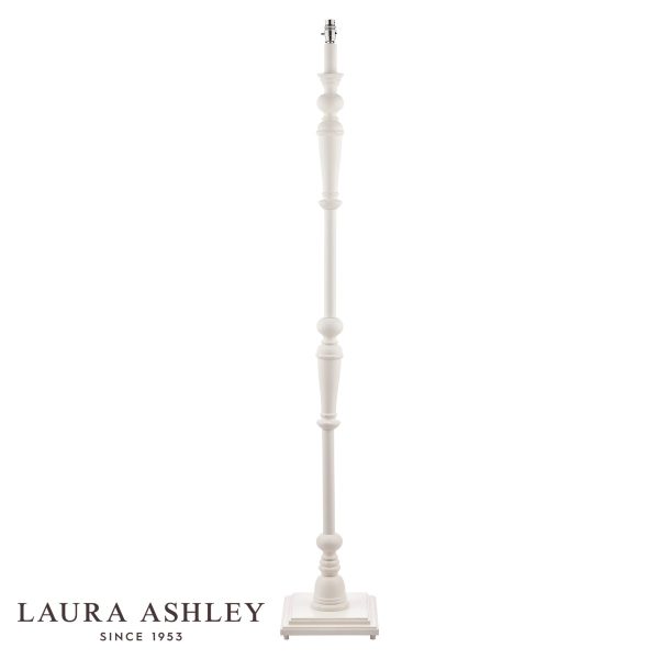 Laura Ashley Tate distressed off-white wood floor lamp, on white background, without shade.