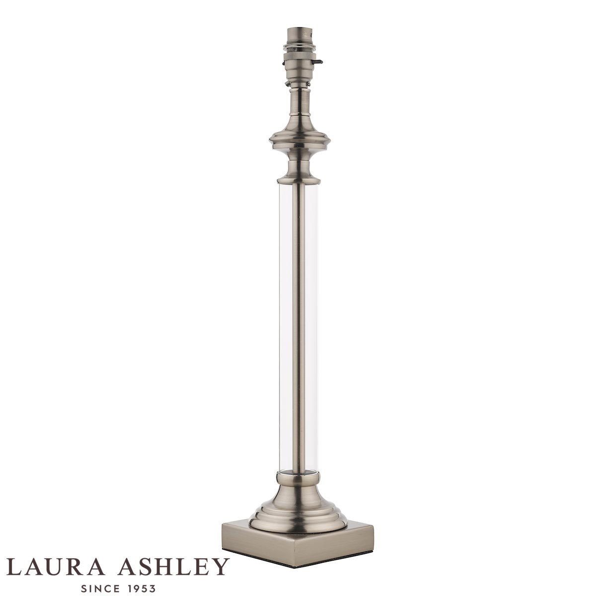 The Laura Ashley Winston candlestick table lamp in antique chrome on white background, base only, as supplied, without shade.