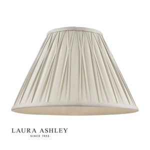 Laura Ashley Fenn 12"/30cm silver silk lamp shade on white background, with logo.