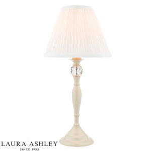 Laura Ashley Ellis table lamp in satin cream finish with ivory shade on white background.