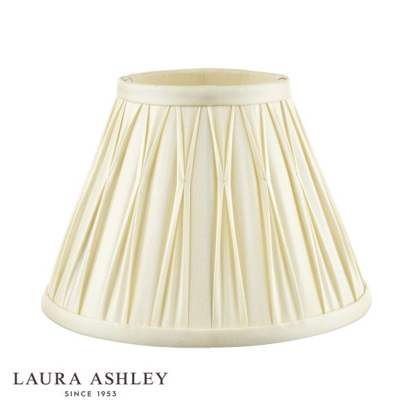 Laura Ashley Fenn 8" ivory silk table lamp shade, shown unlit on white background.