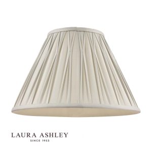 Laura Ashley Fenn 14"/35cm silver silk lamp shade, on white background with logo.