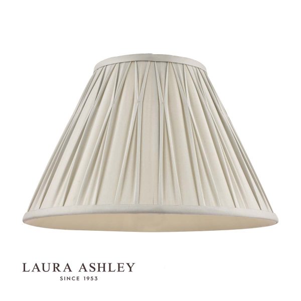 Laura Ashley Fenn 14"/35cm silver silk lamp shade, on white background with logo.