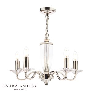 Carson 5 light chandelier in polished nickel with crystal glass, full height on white background.
