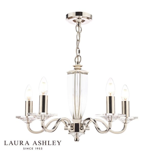 Carson 5 light chandelier in polished nickel with crystal glass, full height on white background.