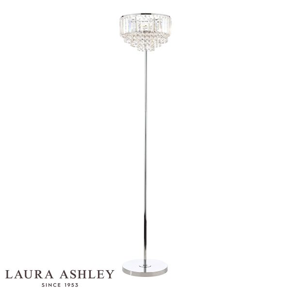 Laura Ashley Vienna 3 light crystal floor lamp in polished chrome on white background.