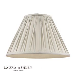 Laura Ashley Fenn 16"/40cm silver silk lamp shade, on white background with logo.