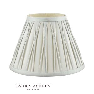 Laura Ashley Fenn 10" (25cm) silver silk table lamp shade, on white background, with logo.