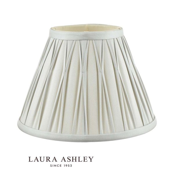 Laura Ashley Fenn 10" (25cm) silver silk table lamp shade, on white background, with logo.