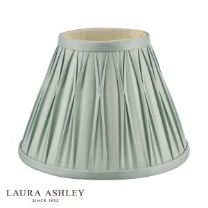 Laura Ashley Fenn 8" silk lamp shade in duck egg blue on white background, unlit.