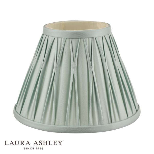 Laura Ashley Fenn 8" silk lamp shade in duck egg blue on white background, unlit.