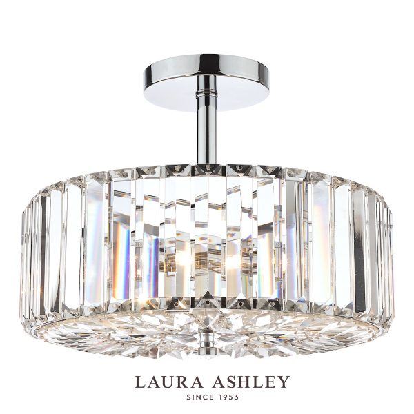 Laura Ashley Fernhurst 3 light crystal semi flush ceiling light in polished chrome on white background.
