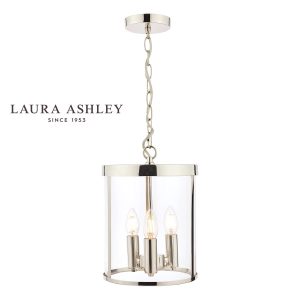 Selbourne 3 light hall lantern in polished nickel with clear glass by Laura Ashley, full height on white background.