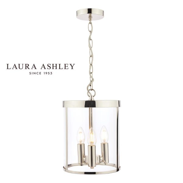Selbourne 3 light hall lantern in polished nickel with clear glass by Laura Ashley, full height on white background.