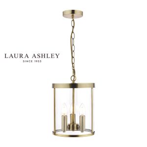 Selbourne 3 light hall lantern in antique brass with clear glass by Laura Ashley, full height on white background.