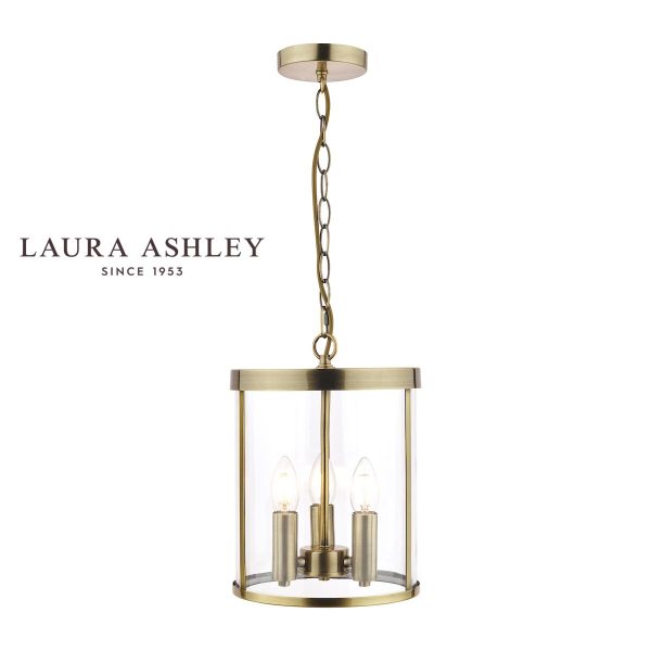 Selbourne 3 light hall lantern in antique brass with clear glass by Laura Ashley, full height on white background.