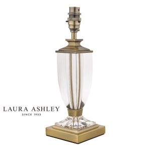 Carson small crystal table lamp base only with antique brass finish metalwork, without shade on white background.