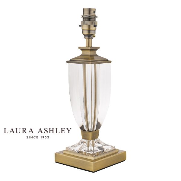 Carson small crystal table lamp base only with antique brass finish metalwork, without shade on white background.