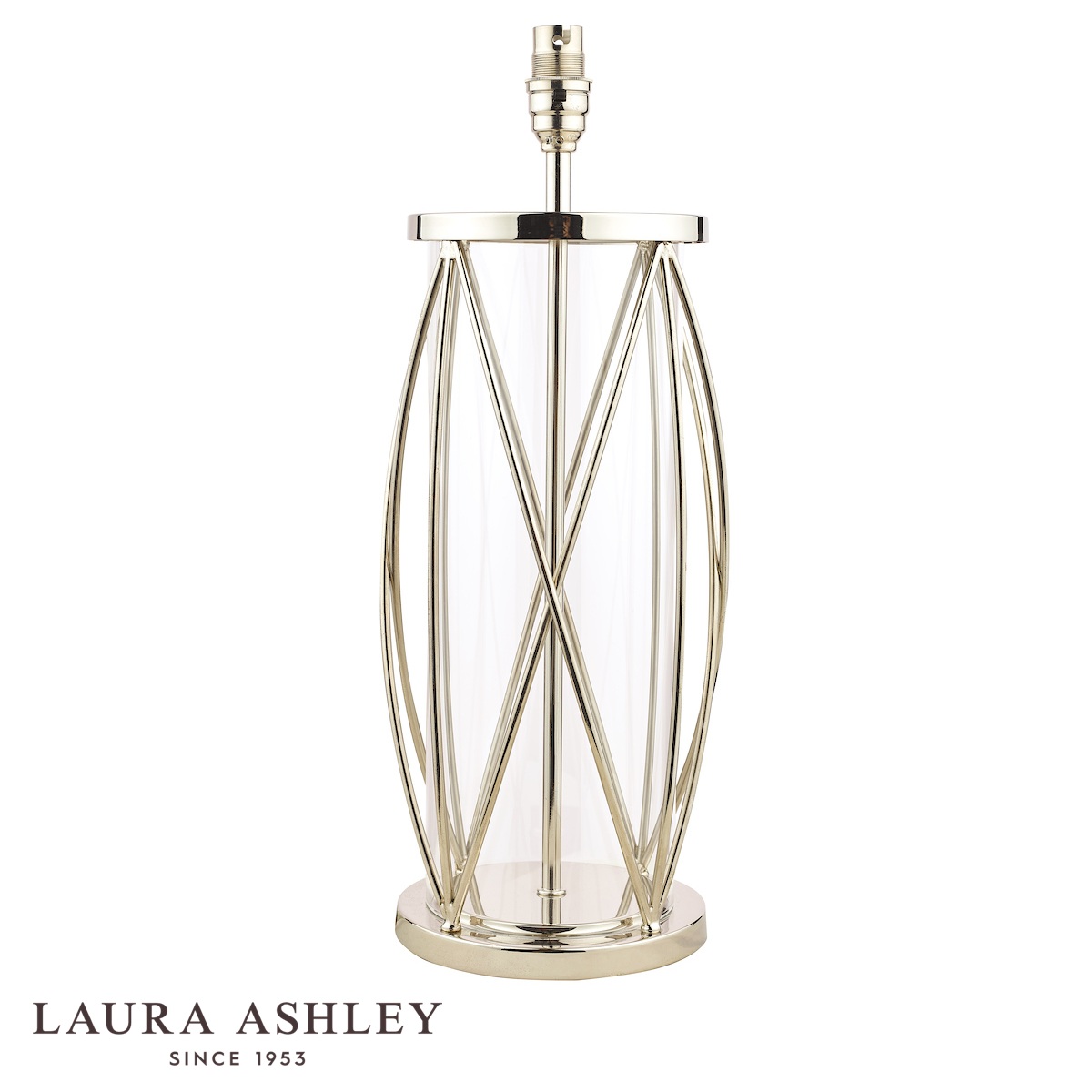 Beckworth large glass table lamp base only in polished nickel by Laura Ashley, shown as supplied on white background.