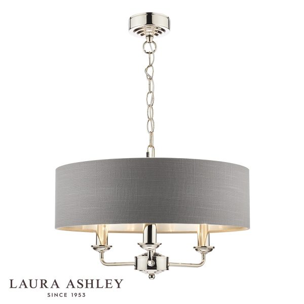 Sorrento 3 light chandelier in polished nickel with grey linen shade, full height on white background.