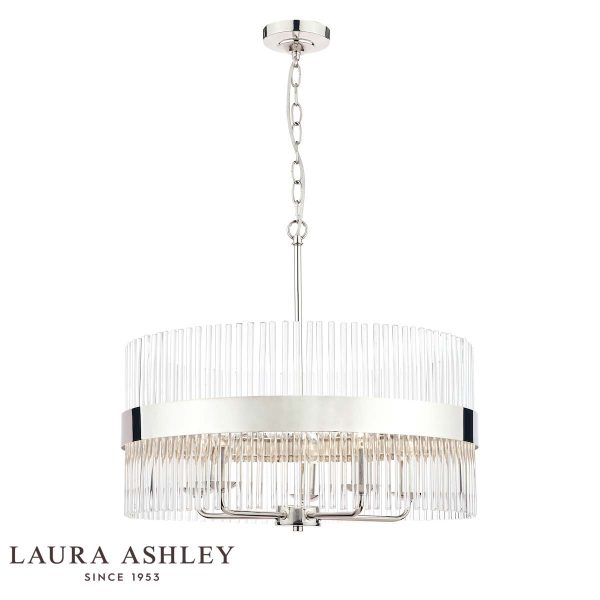 Alexa 5 light pendant in polished nickel with clear glass rods by Laura Ashley, with logo on white background.