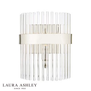 Alexa single wall light in polished nickel with clear glass rods by Laura Ashley on white background, with logo.