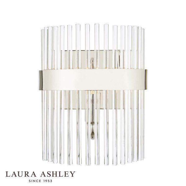 Alexa single wall light in polished nickel with clear glass rods by Laura Ashley on white background, with logo.