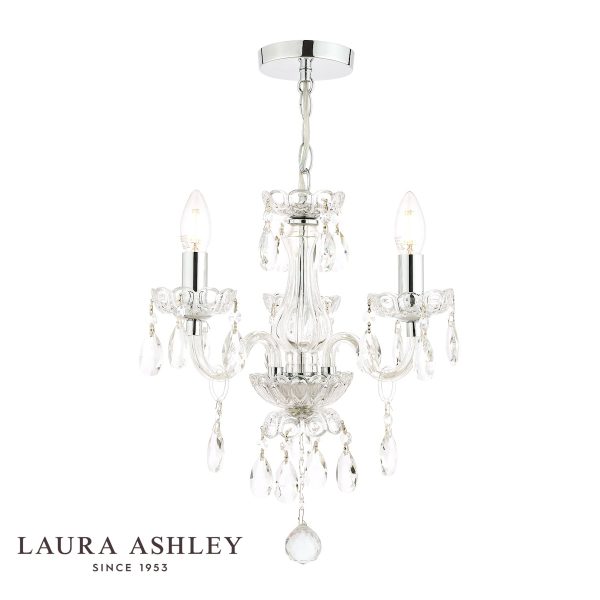 Laura Ashley Harriet 3 light crystal chandelier in polished chrome, on white background, lit.