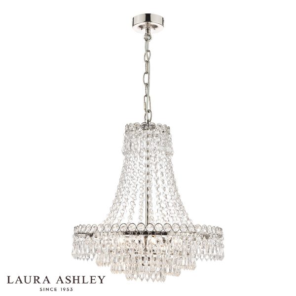 Laura Ashley Enid 5 light crystal chandelier in polished nickel on white background, lit.