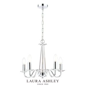 Laura Ashley Blake 5 light chandelier in polished chrome with crystal glass, shown full height on white background.
