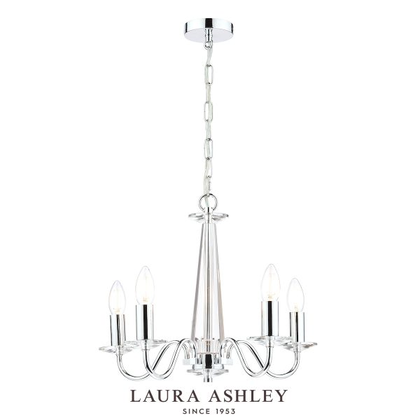 Laura Ashley Blake 5 light chandelier in polished chrome with crystal glass, shown full height on white background.