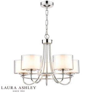 Southwell 5 light chandelier in polished nickel with glass shades by Laura Ashley, on white background, lit.