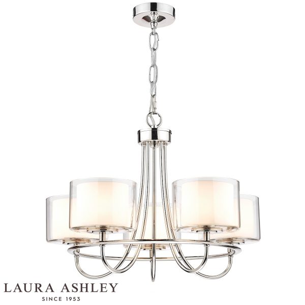 Southwell 5 light chandelier in polished nickel with glass shades by Laura Ashley, on white background, lit.